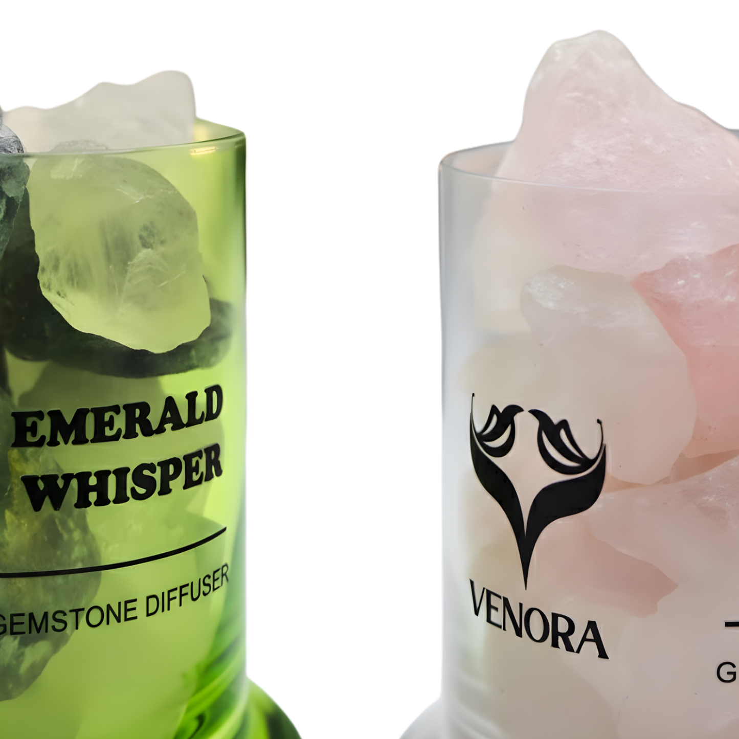 Close-up of rose aura quartz and emerald crystals showing texture and light reflections inside the diffuser vessels.