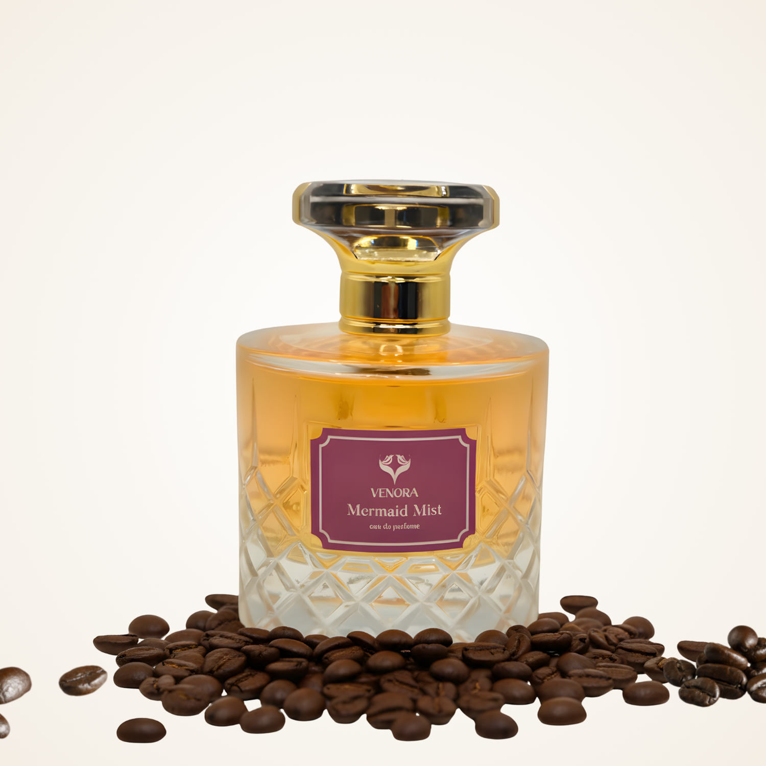 Venora Niche Perfume Collection featuring Mermaid Mist Eau de Parfum, a luxury amber floral gourmand fragrance for women with notes of vanilla, pink pepper, and coffee, photographed in an elegant minimalist style.