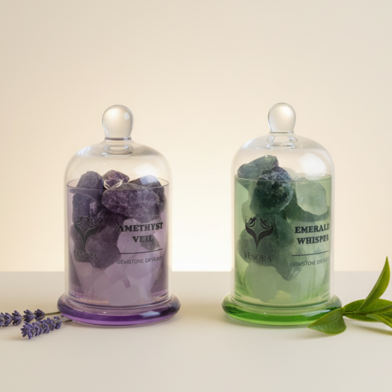 Venora Gemstone Diffuser Collection with luxury crystal diffusers featuring amethyst, sunstone, rose aura quartz and emerald, paired with lavender, mandarin, white tea and freesia essences.