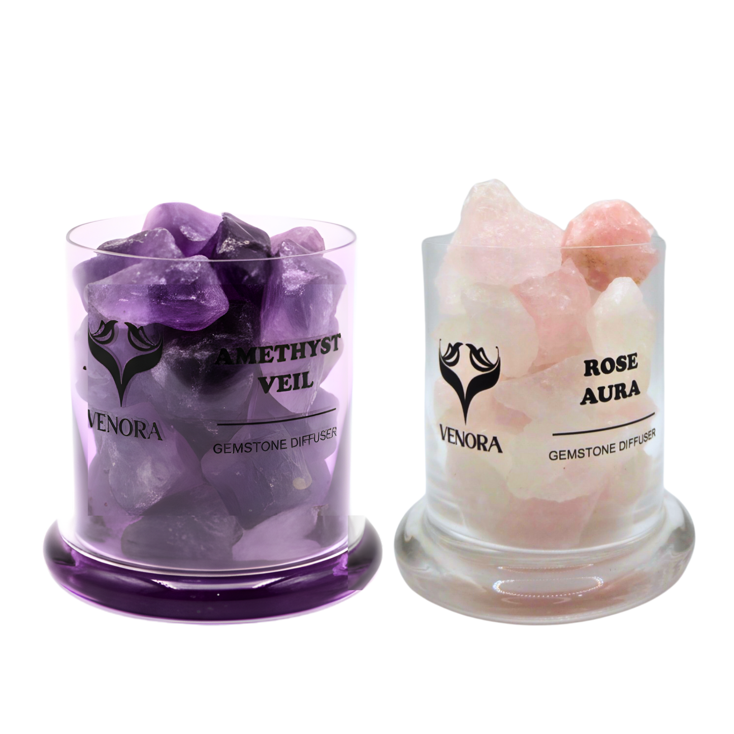 Amethyst and Rose Aura gemstone diffusers surrounded by polished amethyst and rose aura crystals arranged elegantly on a clean background.