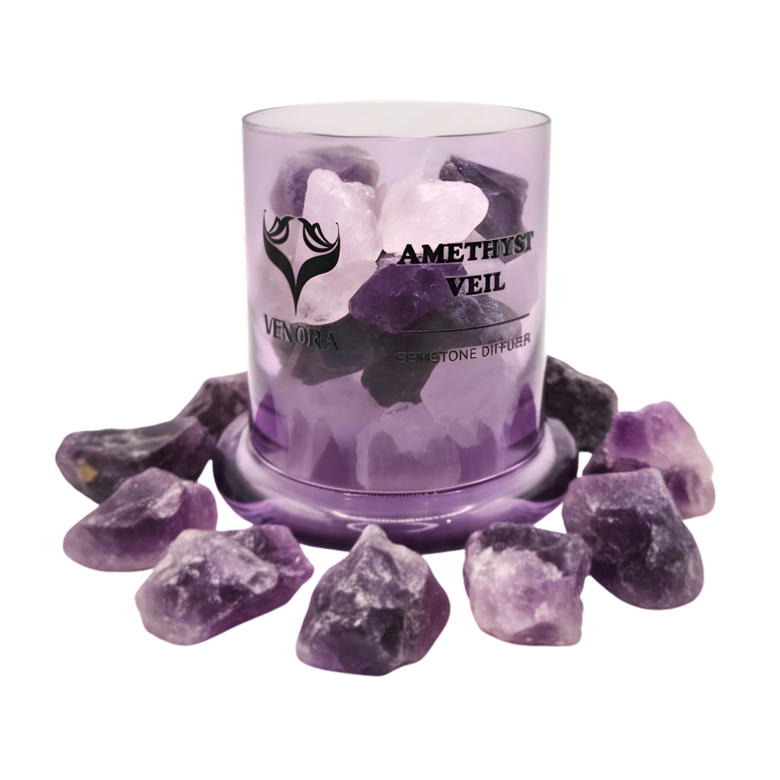 Amethyst Veil diffuser surrounded by polished amethyst stones arranged elegantly at the base on a clean white background.