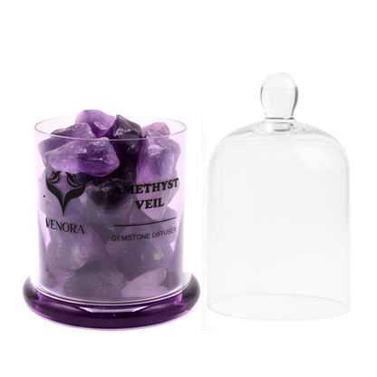 Amethyst Veil Gemstone Diffuser by Venora with genuine amethyst crystals inside a clear glass vessel on a white background.