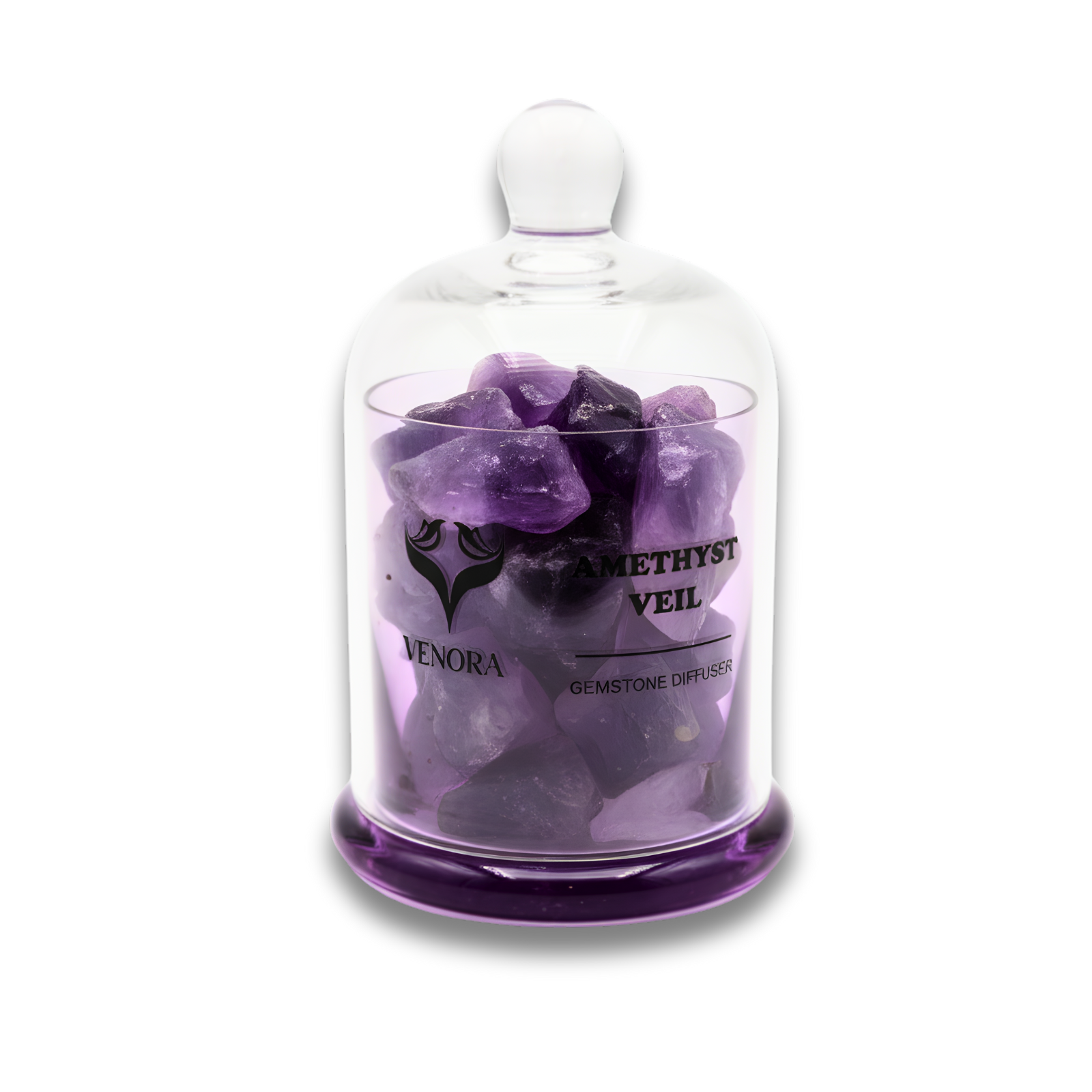 Amethyst Veil Gemstone Diffuser by Venora with genuine amethyst crystals inside a clear glass vessel on a white background.