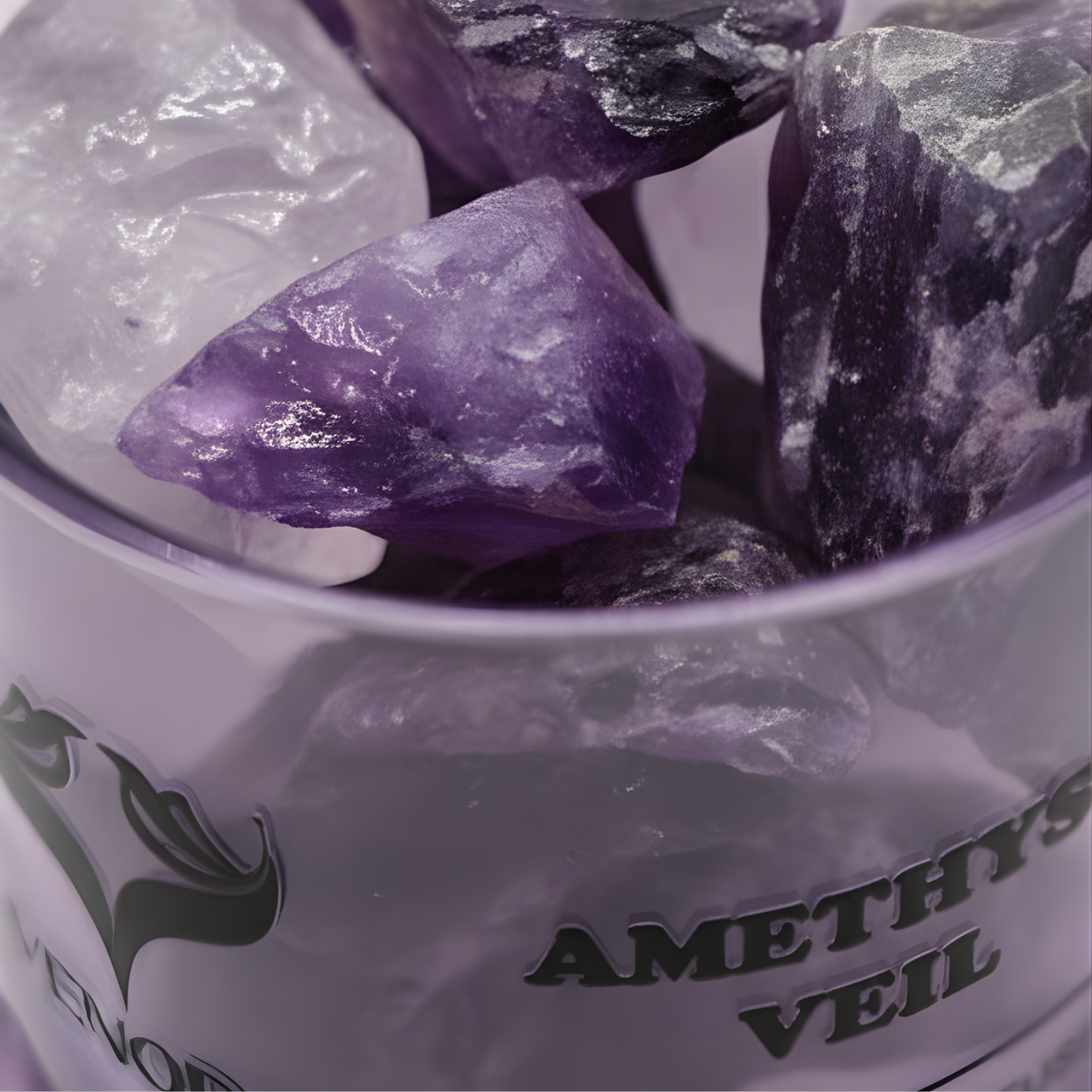 Close-up of genuine amethyst crystals inside the Amethyst Veil diffuser with soft violet highlights and elegant lighting.