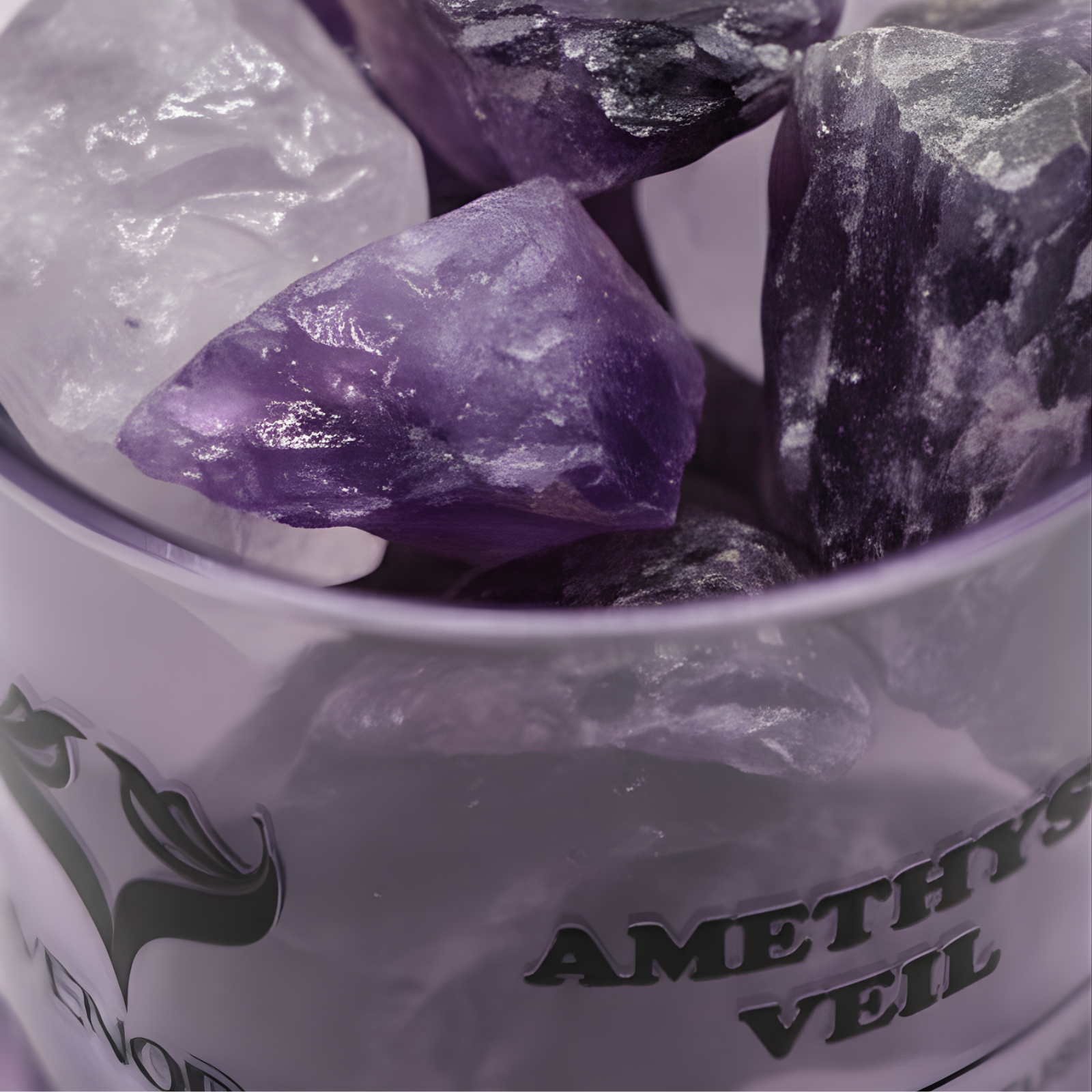 Close-up of genuine amethyst crystals inside the Amethyst Veil diffuser with soft violet highlights and elegant lighting.