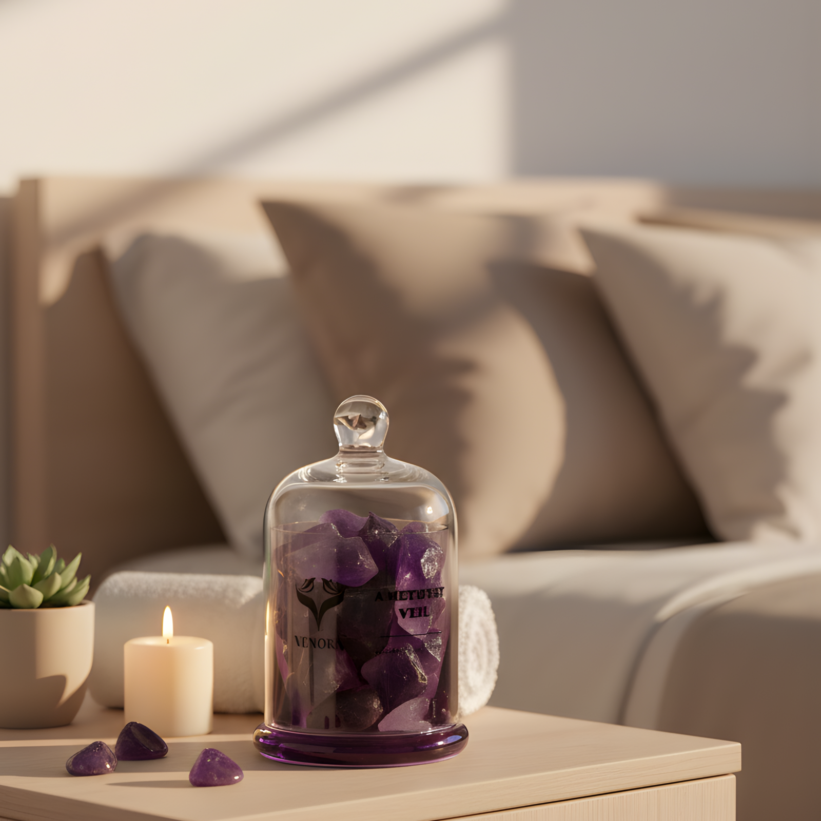 Amethyst Veil gemstone diffuser styled on a serene bedroom or meditation shelf with natural light and visible amethyst crystals.