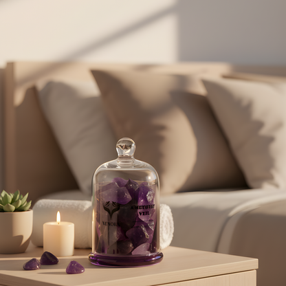 Amethyst Veil gemstone diffuser styled on a serene bedroom or meditation shelf with natural light and visible amethyst crystals.
