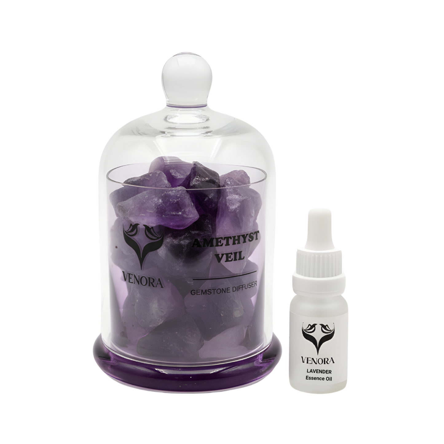 Amethyst Veil crystal diffuser displayed with lavender essence oil bottle beside it, creating a luxury aromatherapy ritual set.