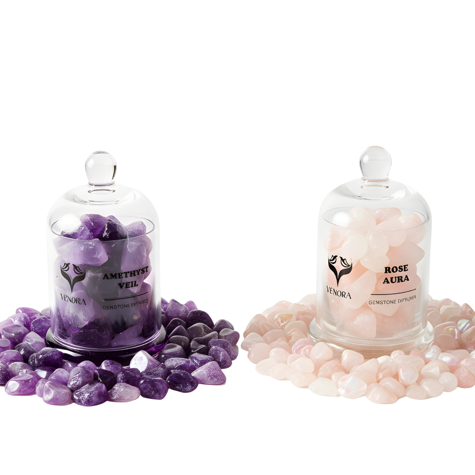 Amethyst and Rose Aura gemstone diffusers surrounded by polished amethyst and rose aura crystals arranged elegantly on a clean background.