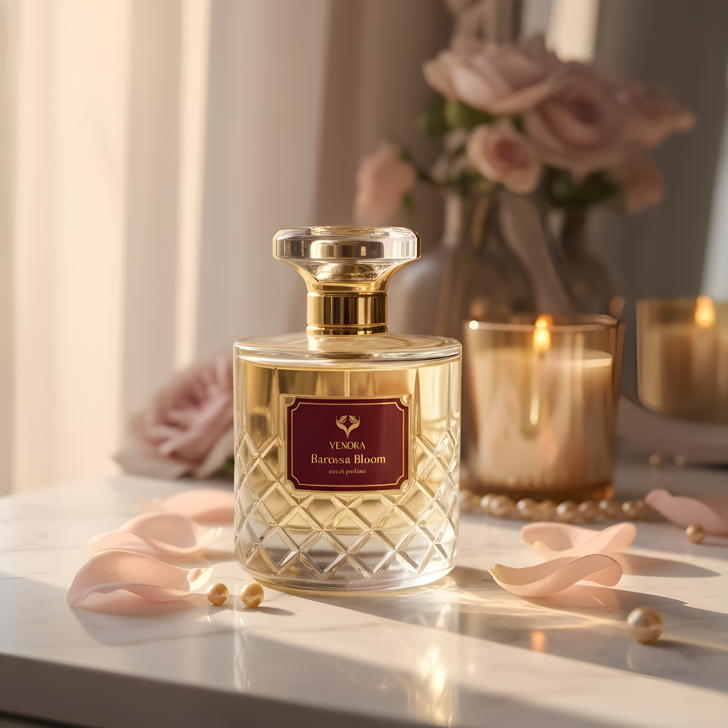 Barossa Bloom perfume styled in a warm golden-hour setting on a vanity or marble surface with elegant soft lighting.
