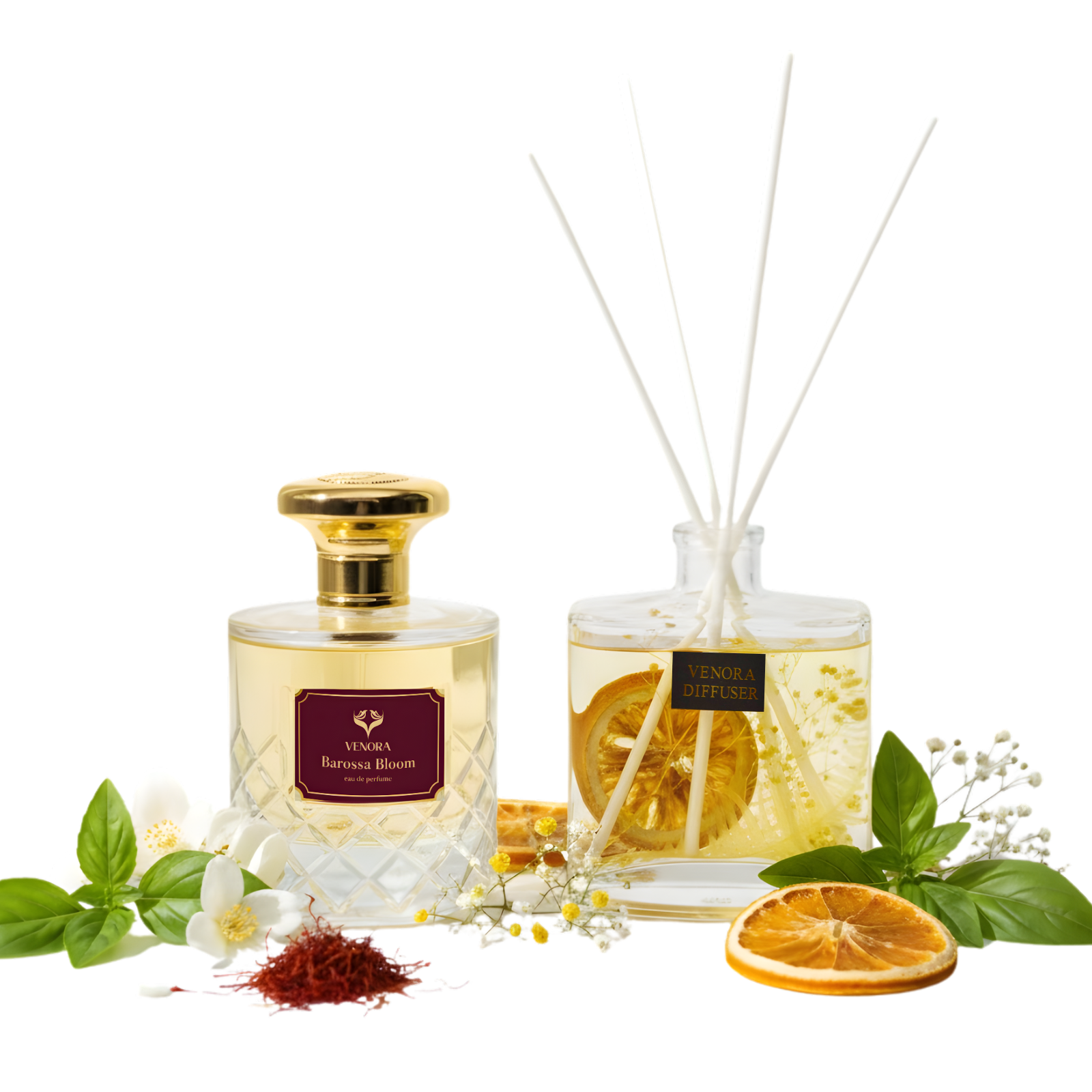 Barossa Bloom and Citrus Glow displayed with saffron, jasmine, citrus slices, and dried botanicals in a luxury arrangement.