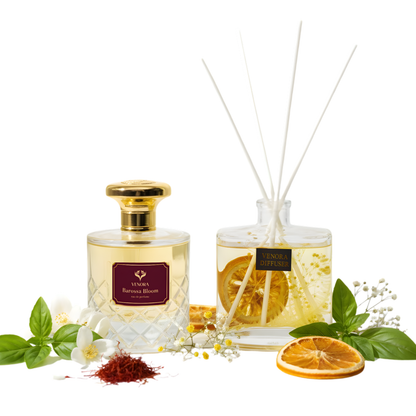 Barossa Bloom and Citrus Glow displayed with saffron, jasmine, citrus slices, and dried botanicals in a luxury arrangement.