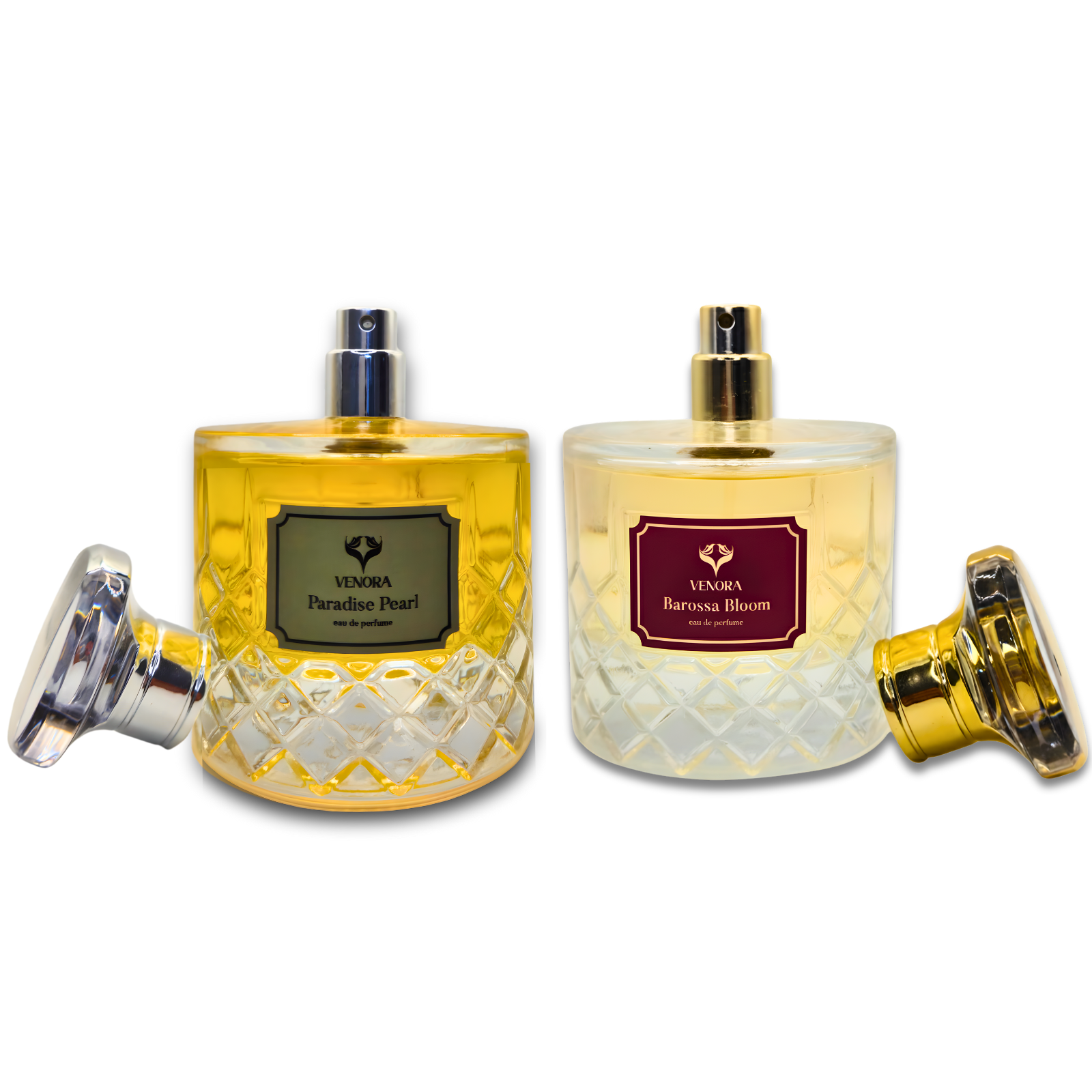 Barossa Bloom and Paradise Pearl perfumes styled together to highlight bright floral warmth and dark sensual richness.