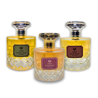 Bold & Addictive Gift Set featuring Mermaid Mist, Paradise Pearl, and Bondi Breeze perfume bottles displayed together on a clean white background.