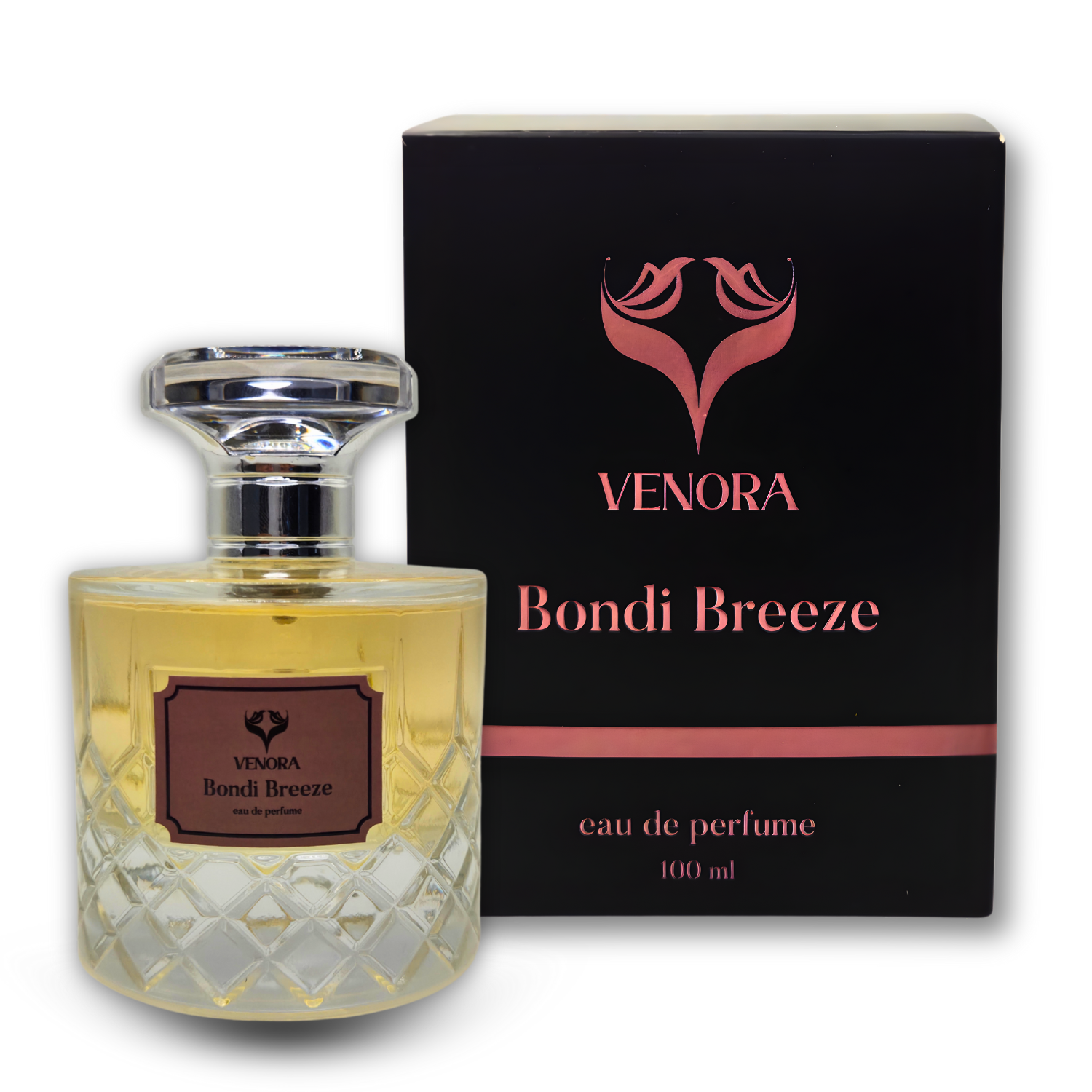 Close-up of Bondi Breeze perfume bottle showing glass texture and label details in soft masculine lighting