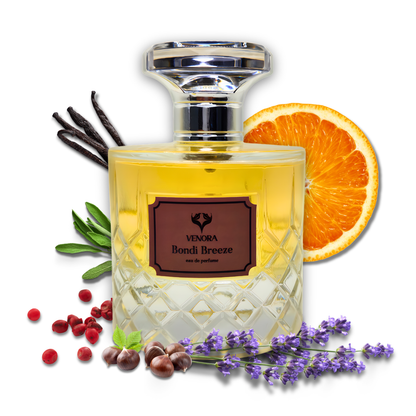 Bondi Breeze perfume bottle styled with mandarin, lavender, chestnut, and pink pepper elements representing its fragrance notes.
