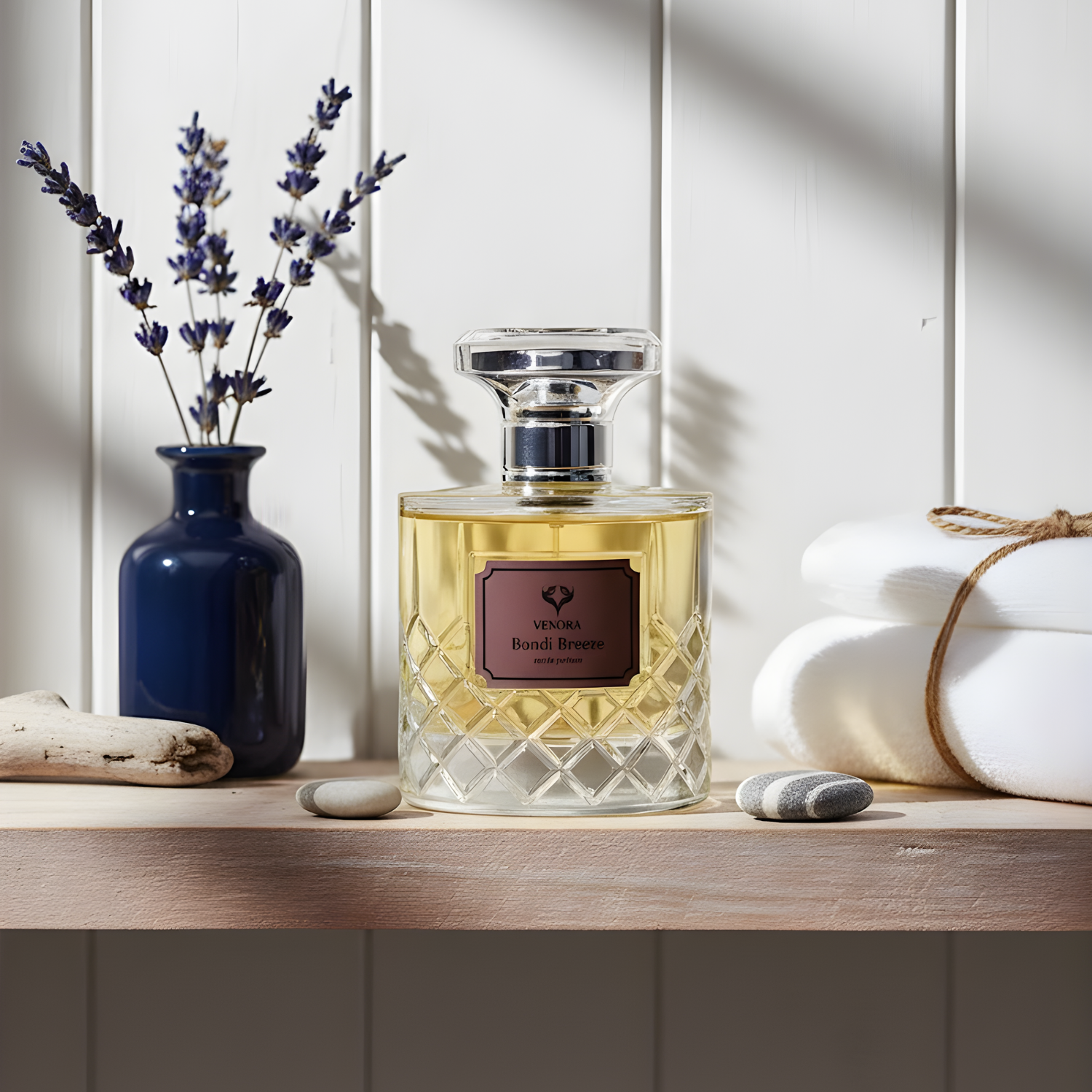 Bondi Breeze perfume styled on a vanity or dresser with clean, fresh natural lighting for a modern masculine mood.