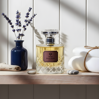 Bondi Breeze perfume styled on a vanity or dresser with clean, fresh natural lighting for a modern masculine mood.