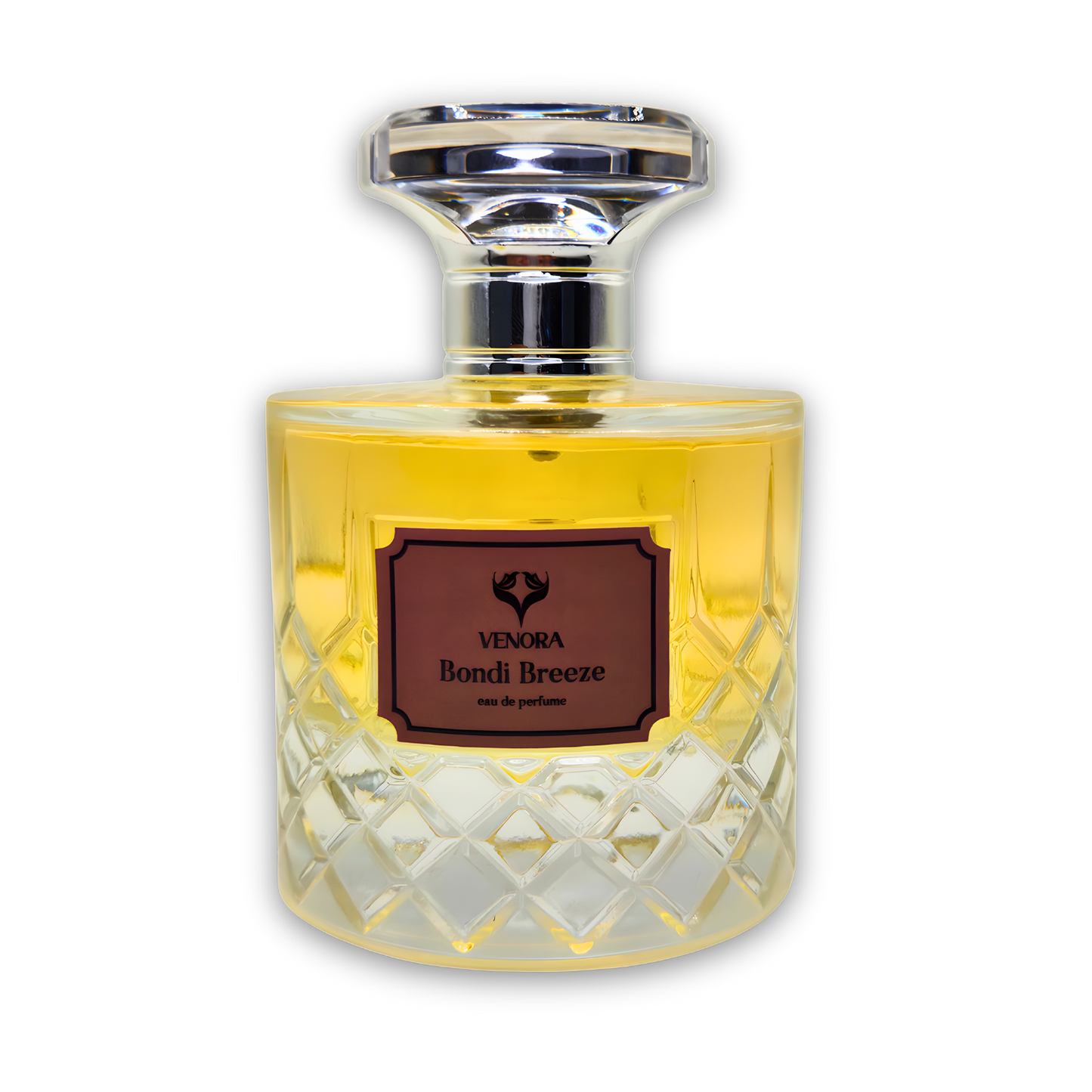 Bondi Breeze perfume displayed with the cap on and cap off to reveal the spray nozzle in a luxury product shot.