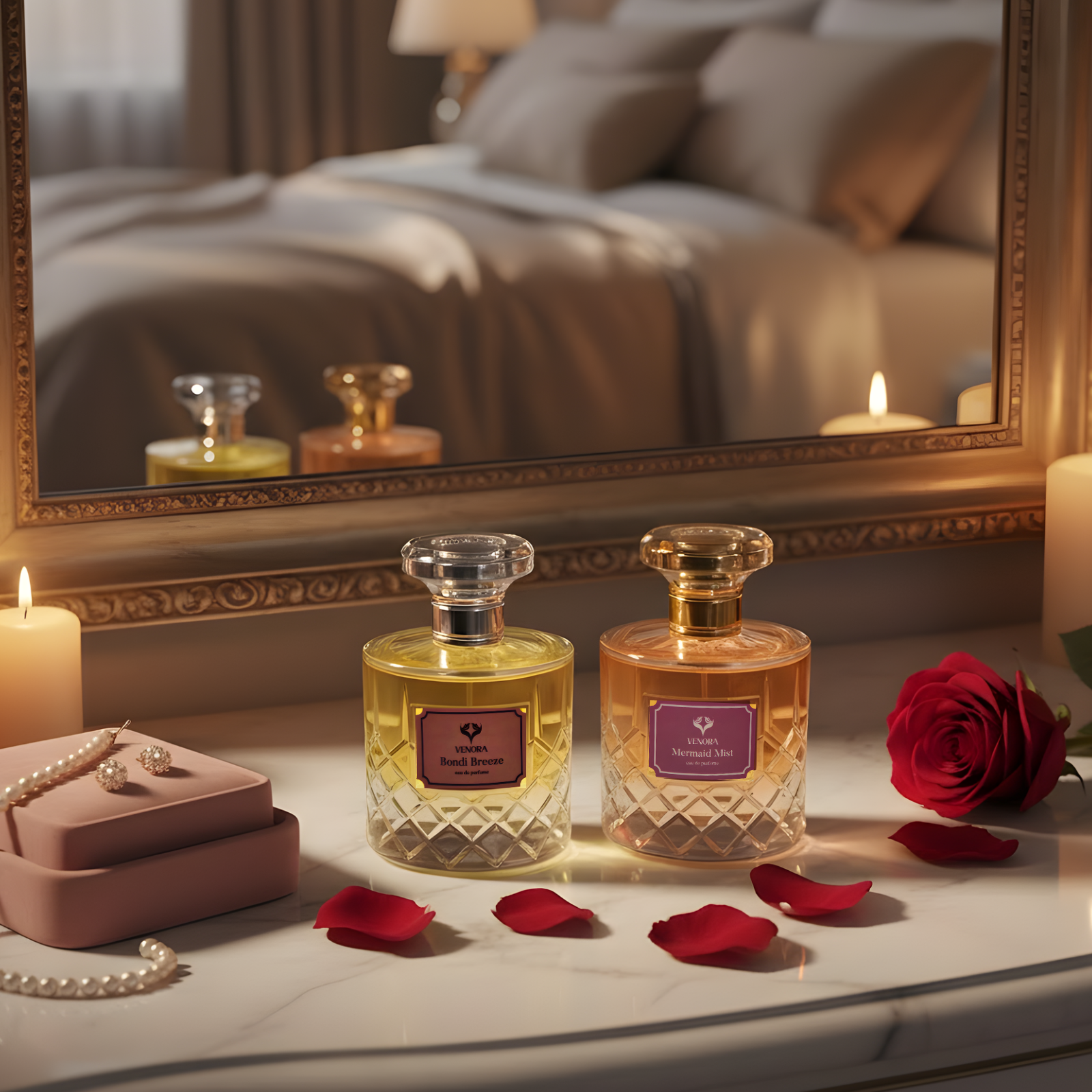 Bondi Breeze and Mermaid Mist gift set styled on a vanity or bedside table with candlelight for a romantic date-night mood.
