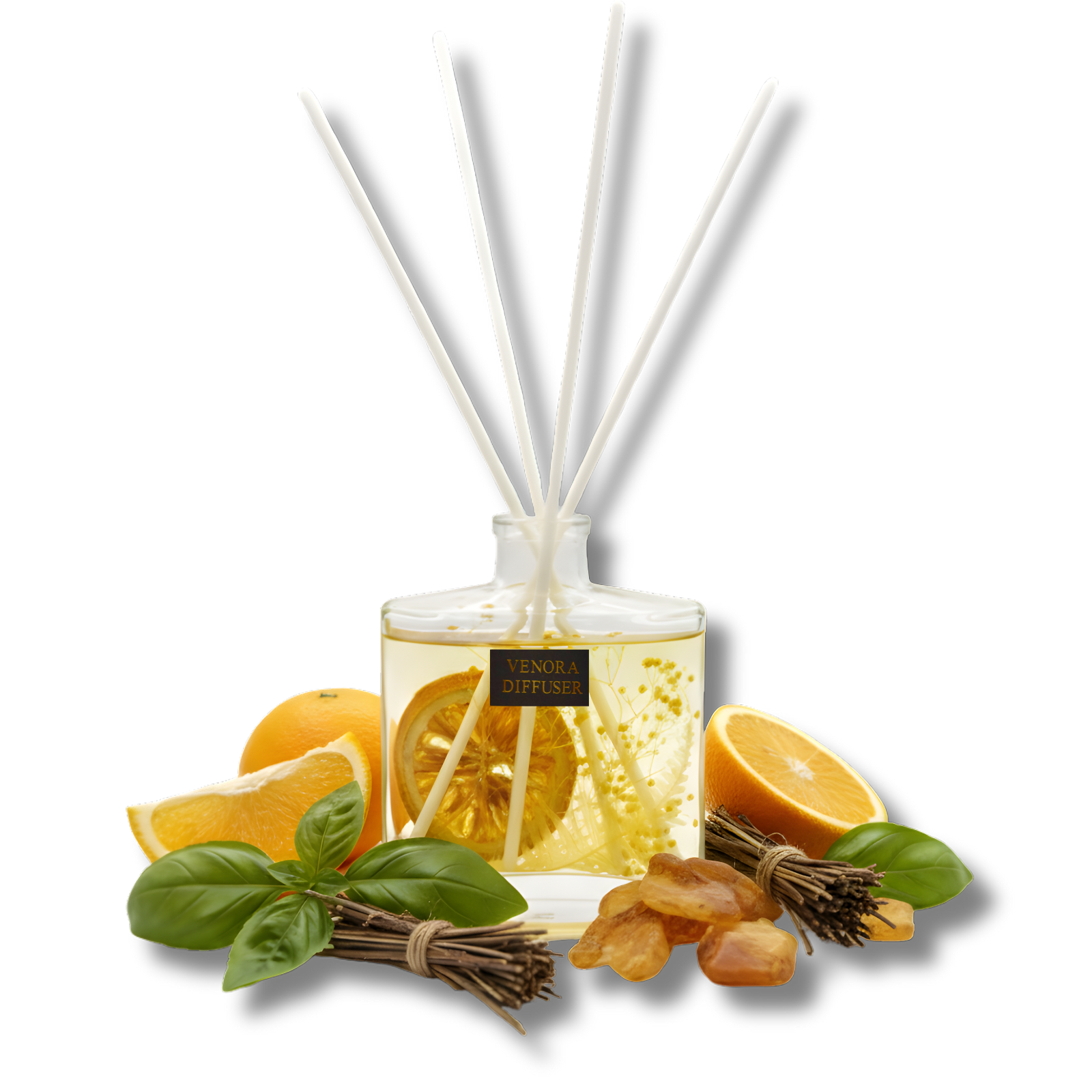 Citrus Glow reed diffuser by Venora surrounded by fresh citrus slices, basil leaves, vetiver, and amberwood accents.