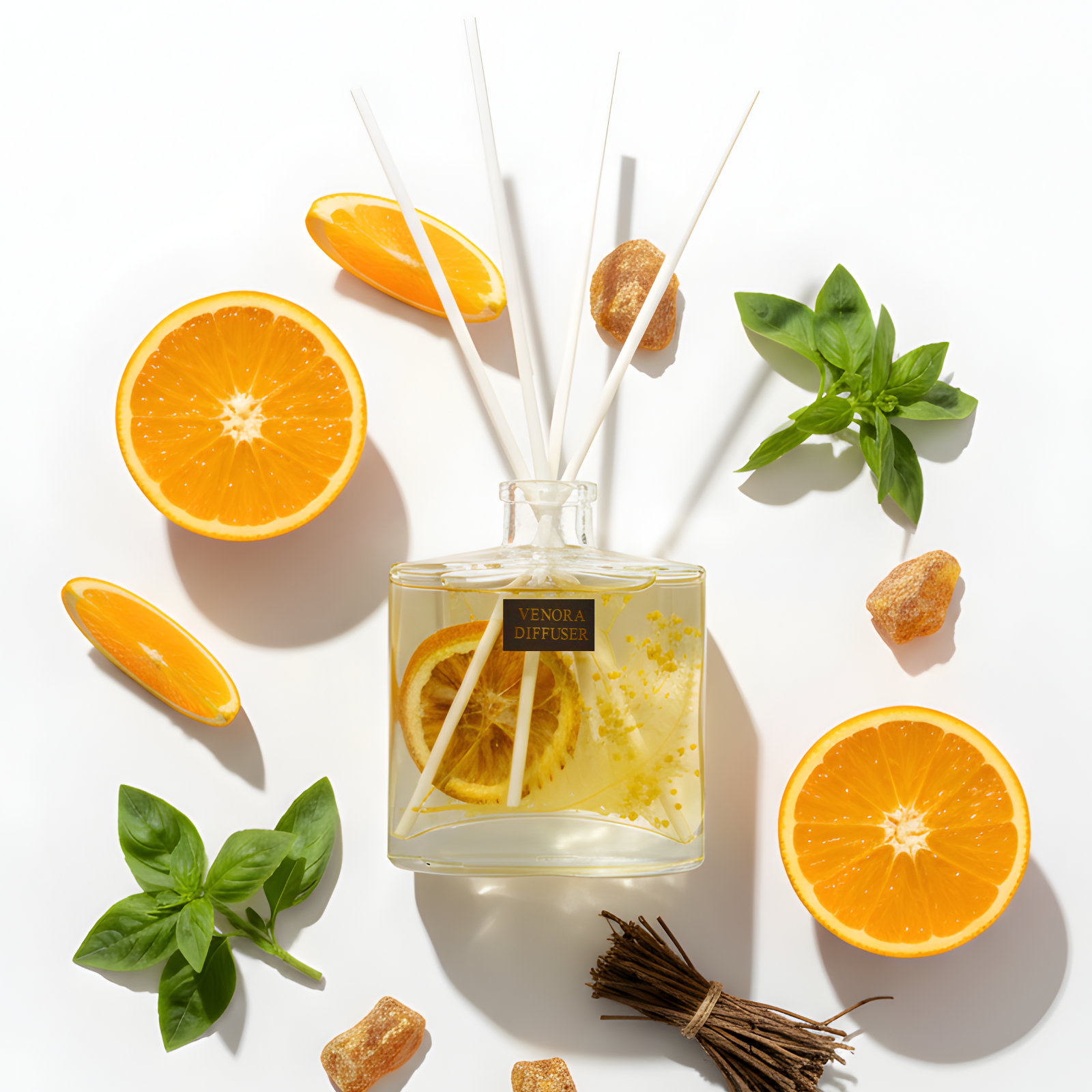 Venora Citrus Glow reed diffuser flatlay featuring citrus slices, basil leaves, vetiver strands, and dried botanicals arranged in a minimalist luxury layout.
