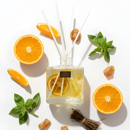 Venora Citrus Glow reed diffuser flatlay featuring citrus slices, basil leaves, vetiver strands, and dried botanicals arranged in a minimalist luxury layout.