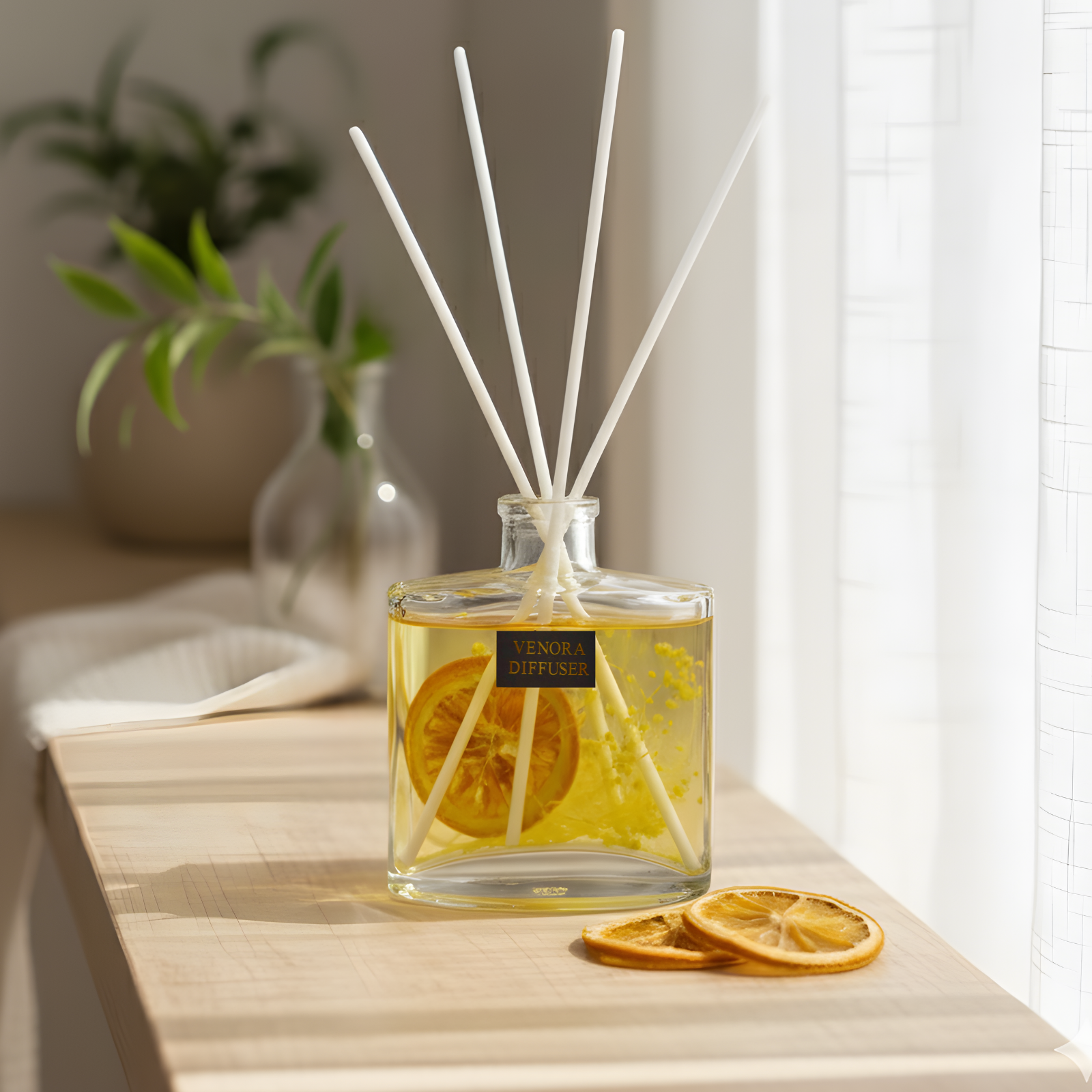 Luxury Citrus Glow reed diffuser placed on a bathroom or living room shelf with sunlit interior, dried botanicals, and spa-inspired styling.