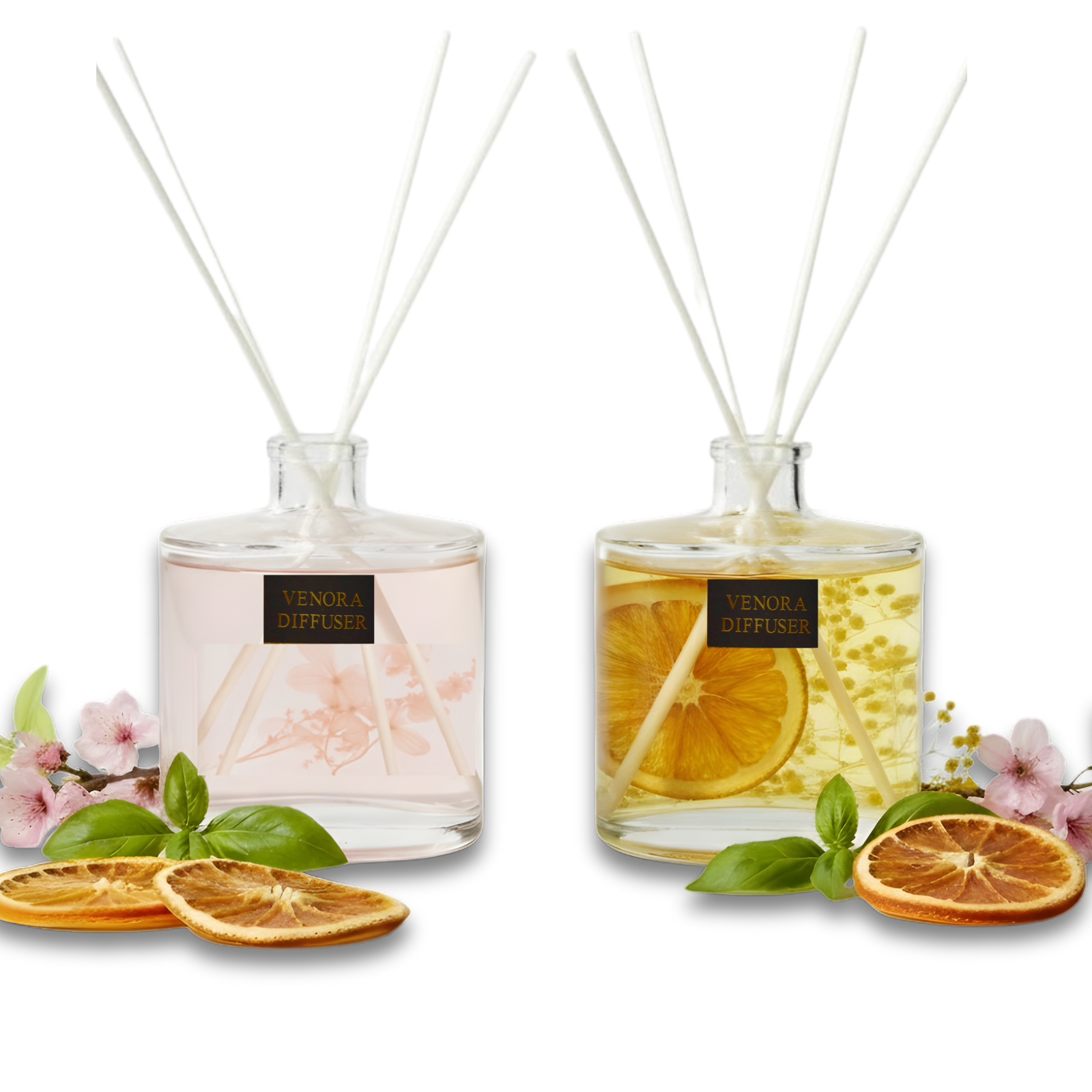 Citrus Glow and Secret Garden reed diffusers styled with dried botanicals, citrus slices, and natural elements in an elegant arrangement.