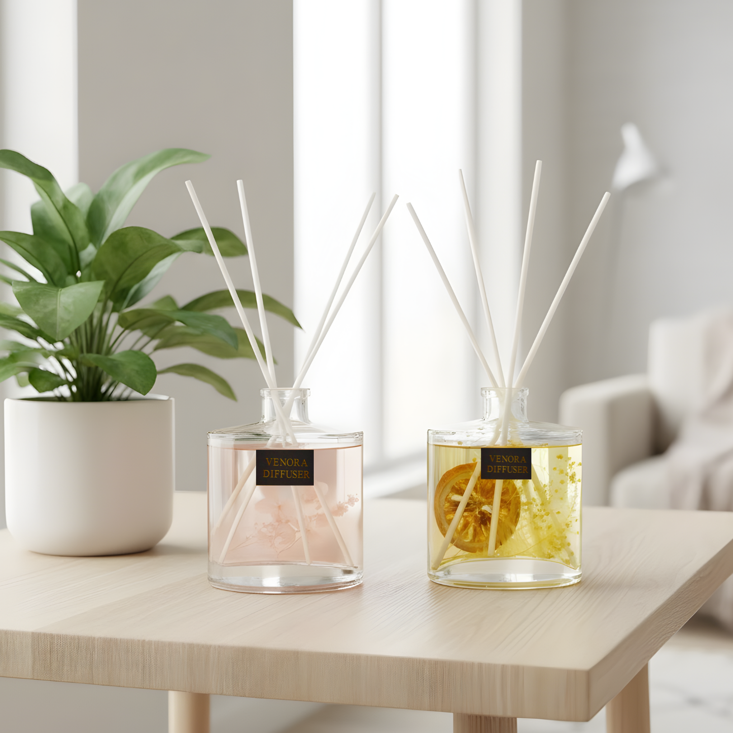 Citrus Glow and Secret Garden diffusers styled in a modern home setting with bright natural light and clean décor.
