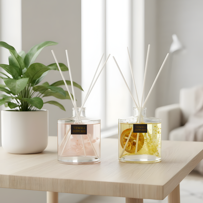 Citrus Glow and Secret Garden diffusers styled in a modern home setting with bright natural light and clean décor.