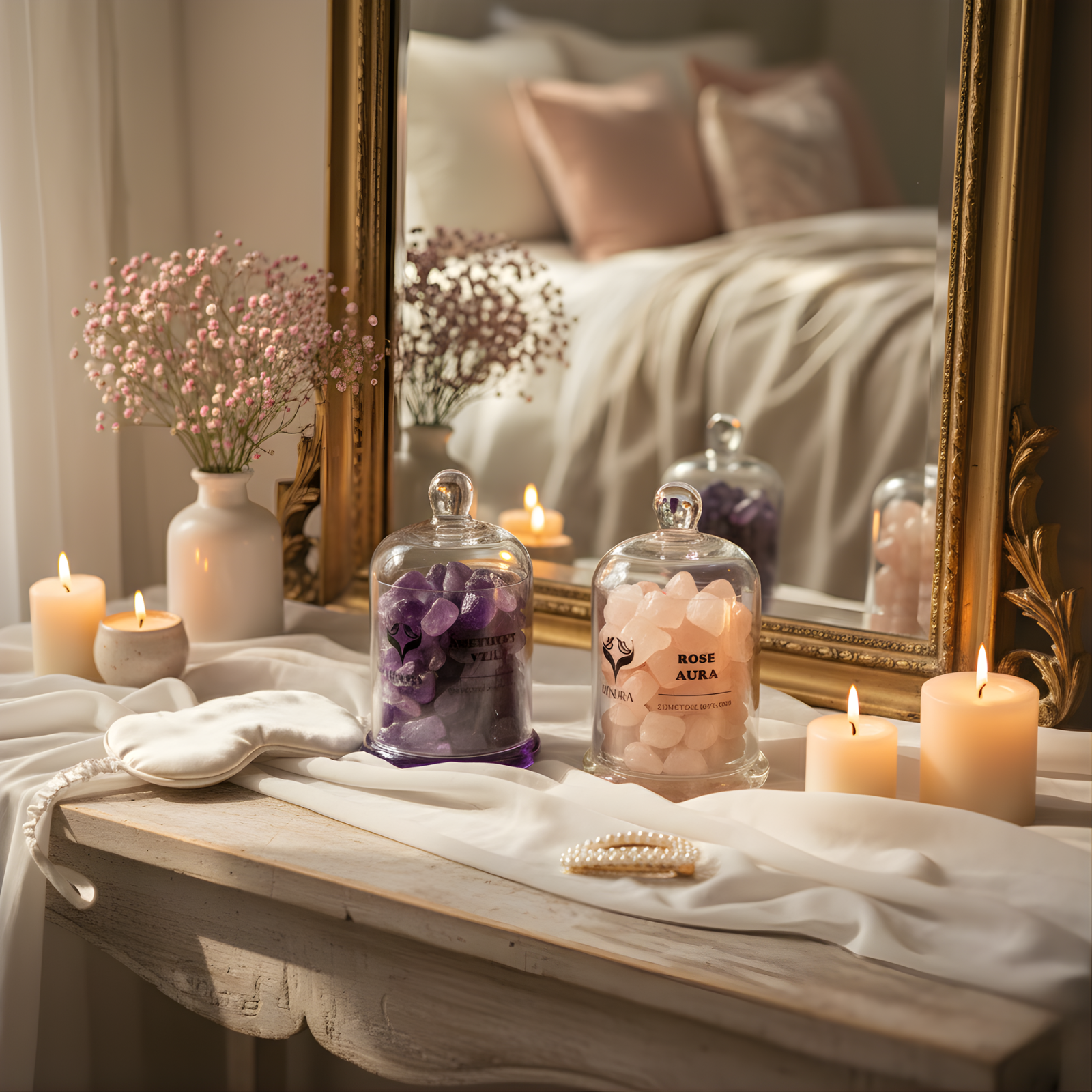 Crystal Calm Gift Set styled on a bedside or self-care setup with natural light and calming decorative elements.