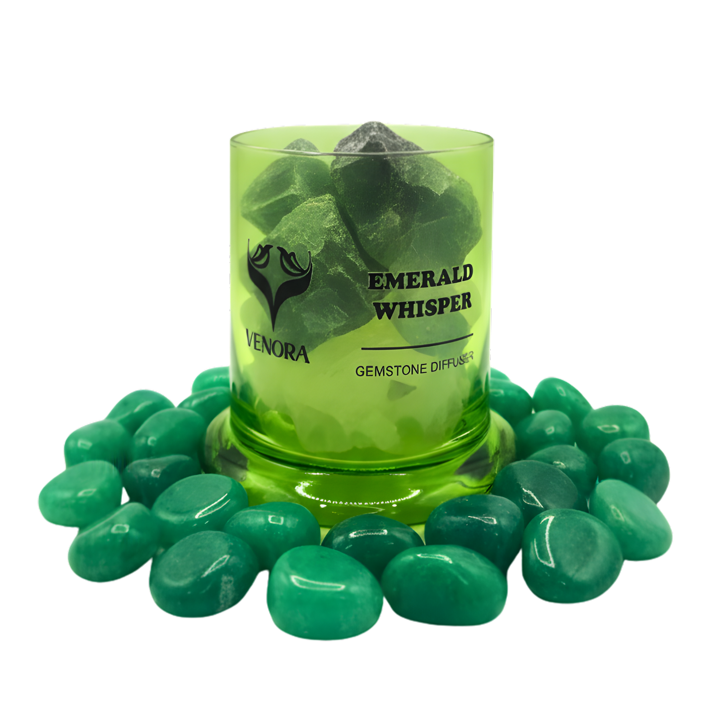 Emerald Whisper diffuser surrounded by polished emerald stones arranged elegantly at the base on a clean white background.