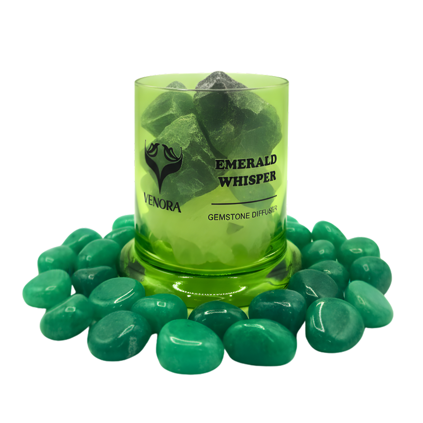 Emerald Whisper diffuser surrounded by polished emerald stones arranged elegantly at the base on a clean white background.