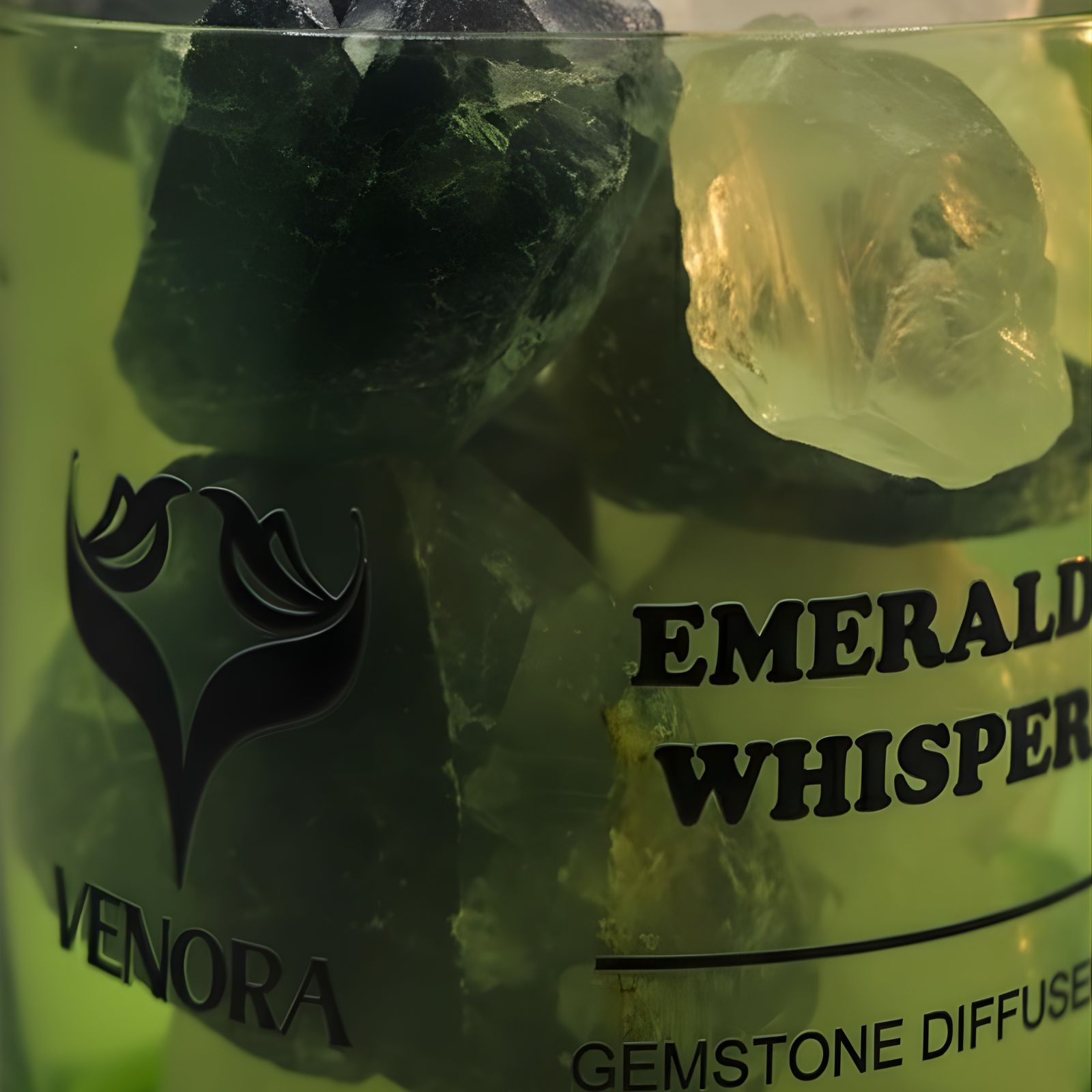 Close-up of genuine emerald crystals inside the Emerald Whisper diffuser with soft green highlights and elegant lighting.