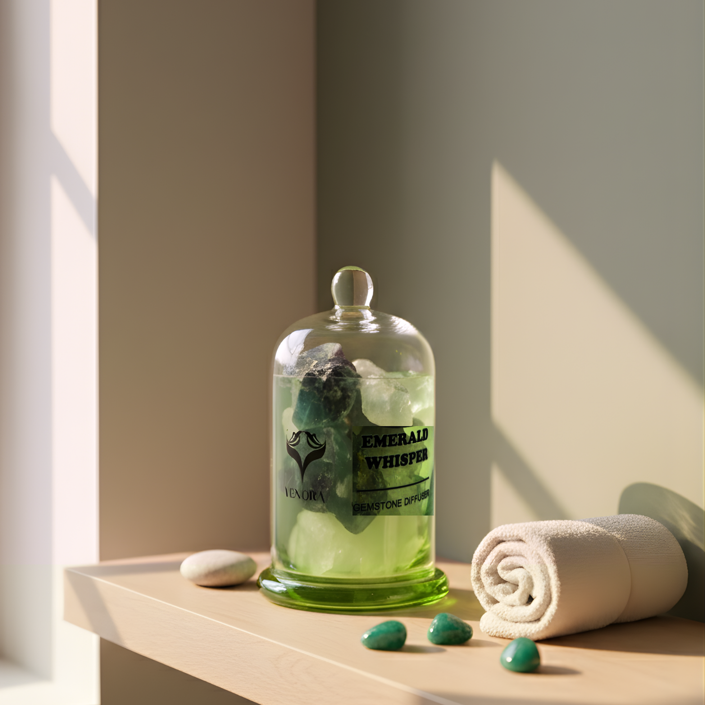 Emerald Whisper gemstone diffuser styled on a workspace or meditation shelf with natural light and green crystal tones visible.