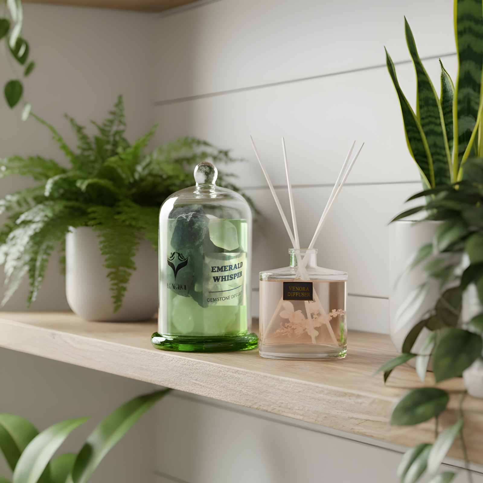 Emerald Whisper and Secret Garden diffusers styled in a natural, forest-inspired home setting with soft daylight and earthy décor.