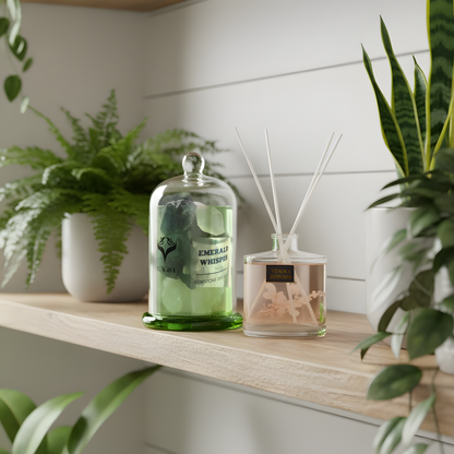 Emerald Whisper and Secret Garden diffusers styled in a natural, forest-inspired home setting with soft daylight and earthy décor.