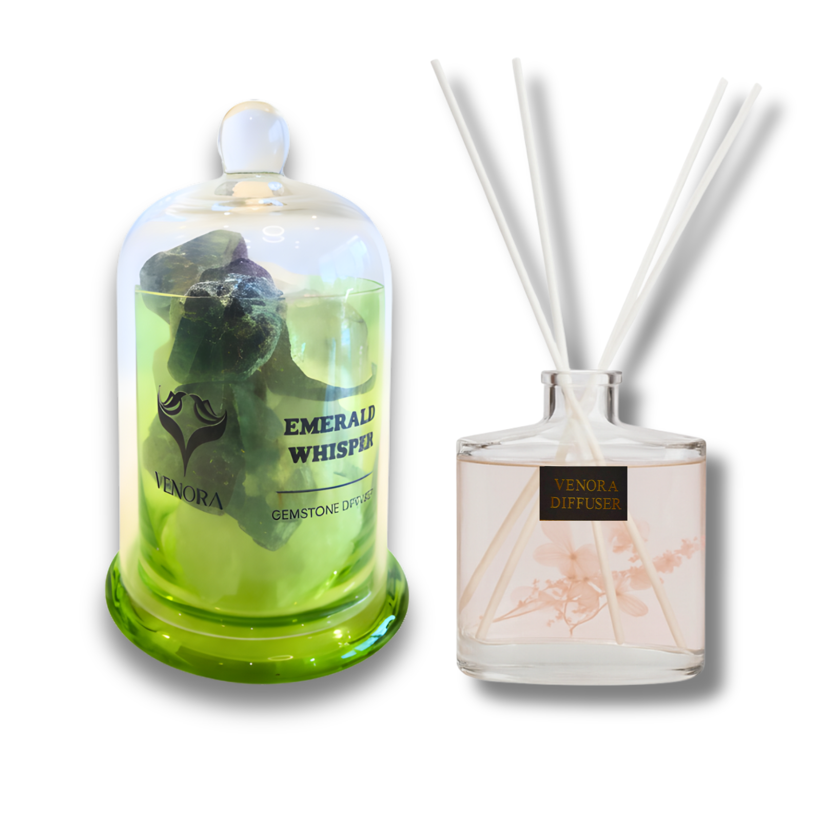 Emerald crystal diffuser and Secret Garden reed diffuser styled with emerald stones and dried botanicals in an elegant natural arrangement.