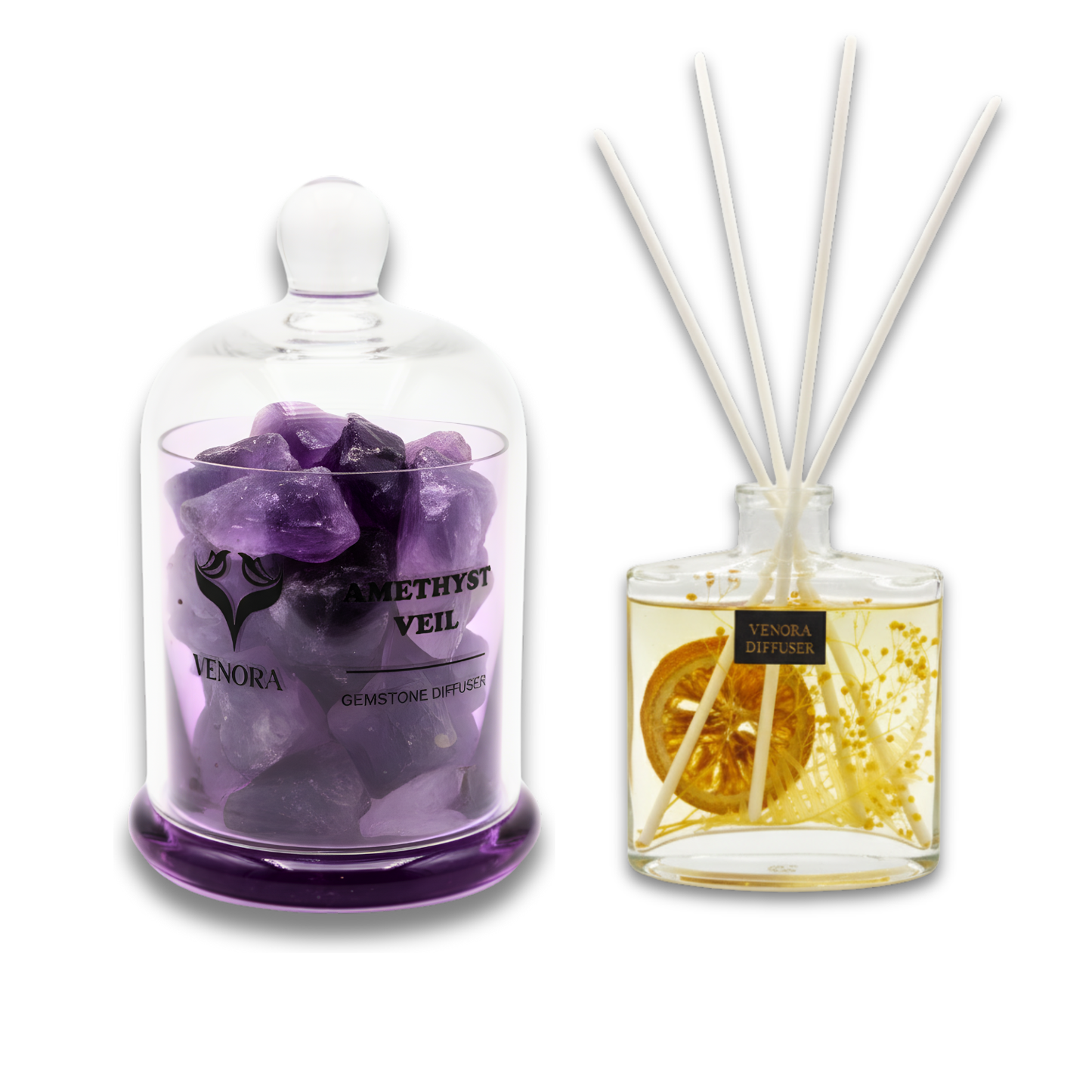 Evening Bliss Gift Set featuring Amethyst Veil gemstone diffuser and Citrus Glow reed diffuser displayed together on a clean white background.