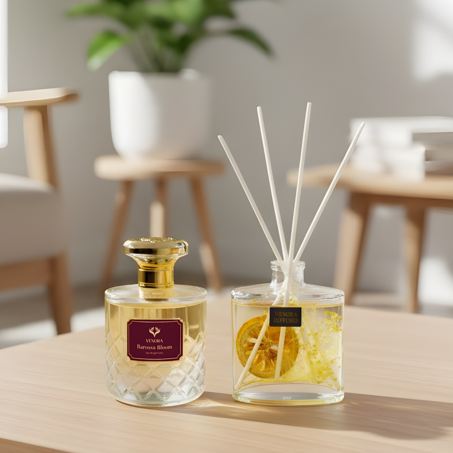 Everyday Luxe Starter Gift Set styled on a vanity and living room shelf with bright natural light and modern décor.