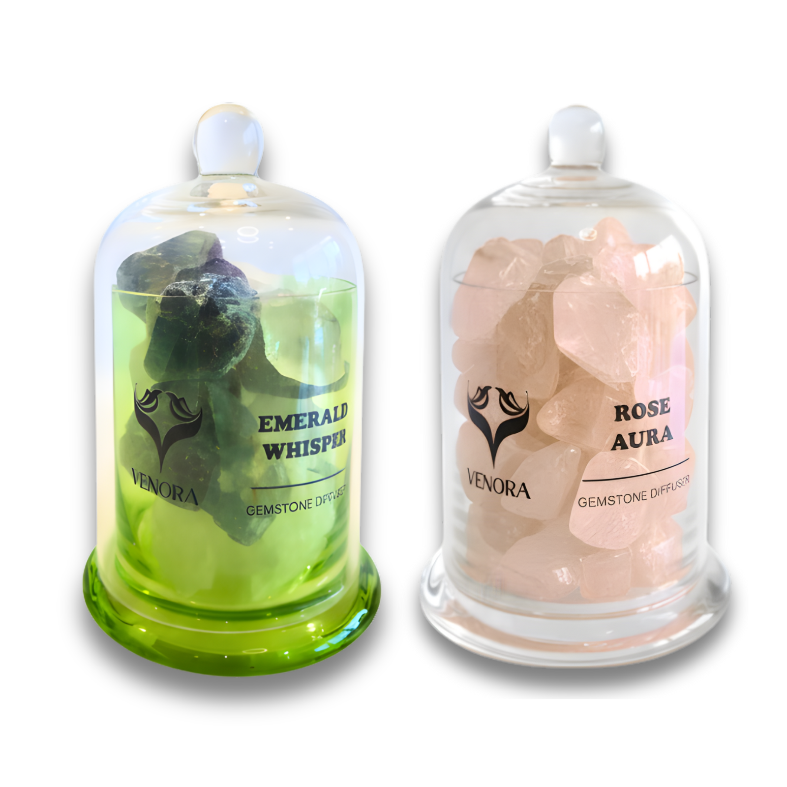 Flame-Free Zen Gift Set featuring Rose Aura and Emerald gemstone diffusers displayed together on a clean white background.