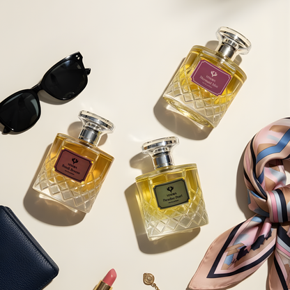 Flatlay of the Bold & Addictive perfume trio with fashion accessories (sunglasses, silk scarf, jewelry) on a clean neutral background. Soft shadows, high-end editorial fragrance styling.