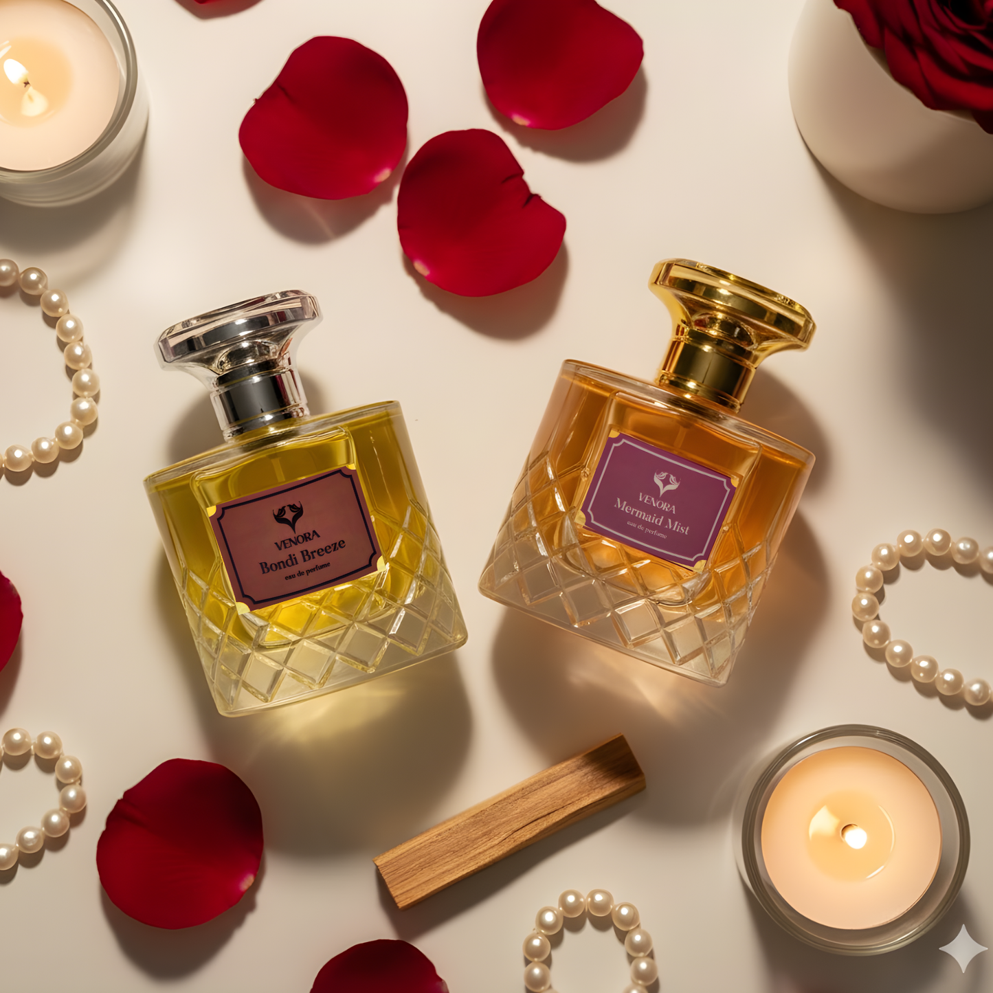 Flatlay of the Date Night Gift Set with both perfumes arranged elegantly with romantic decorative elements.
