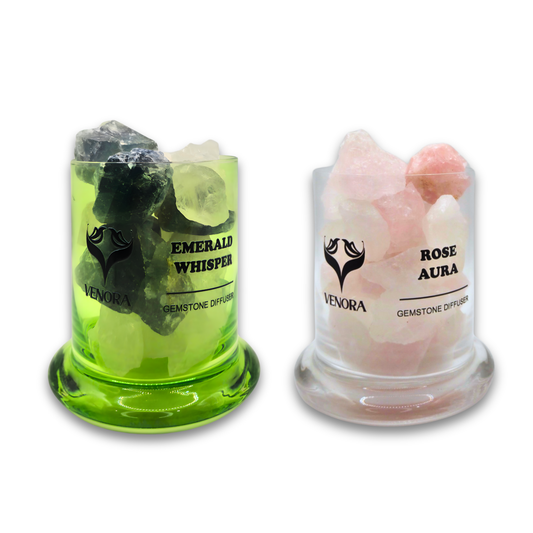 Flatlay of the Flame-Free Zen Gift Set with diffusers, crystals, and soft botanical accents arranged in a minimal zen-inspired layout.