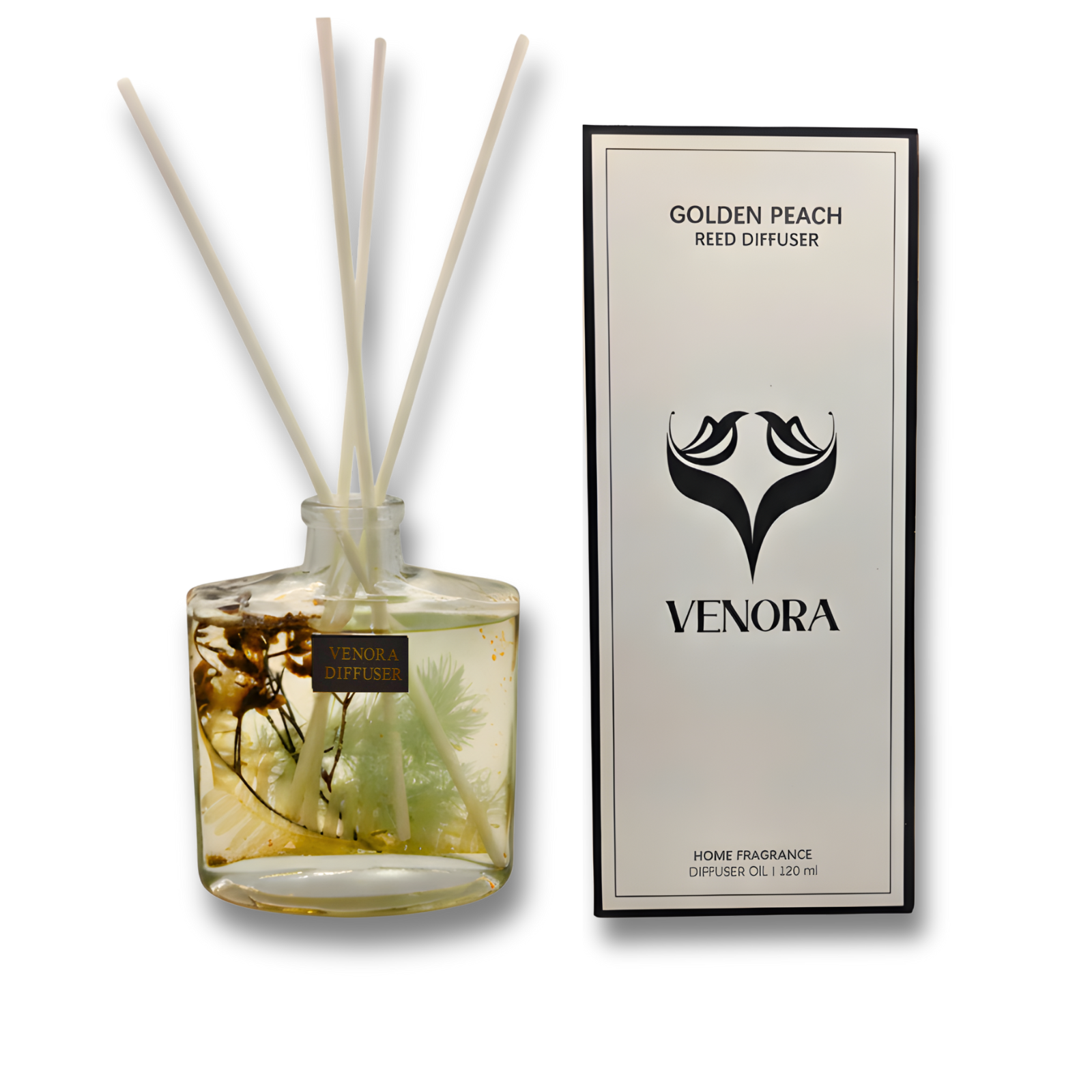 Venora Golden Peach reed diffuser with peach and white tea fragrance, dried floral arrangement, and clear glass bottle on white studio background