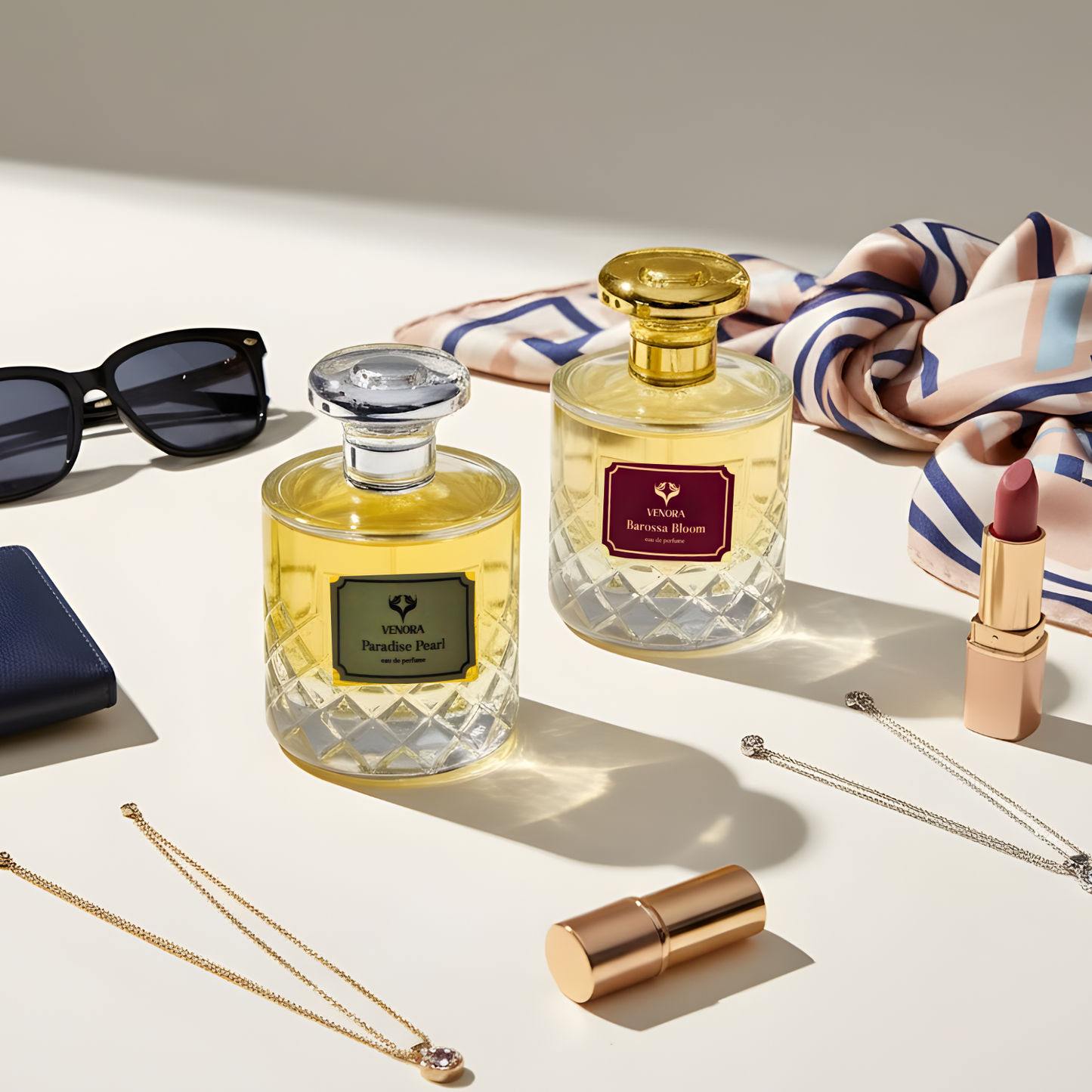 Luxury Lovers Gift Set styled on a vanity or marble surface with candlelight for a romantic, intimate ambience.