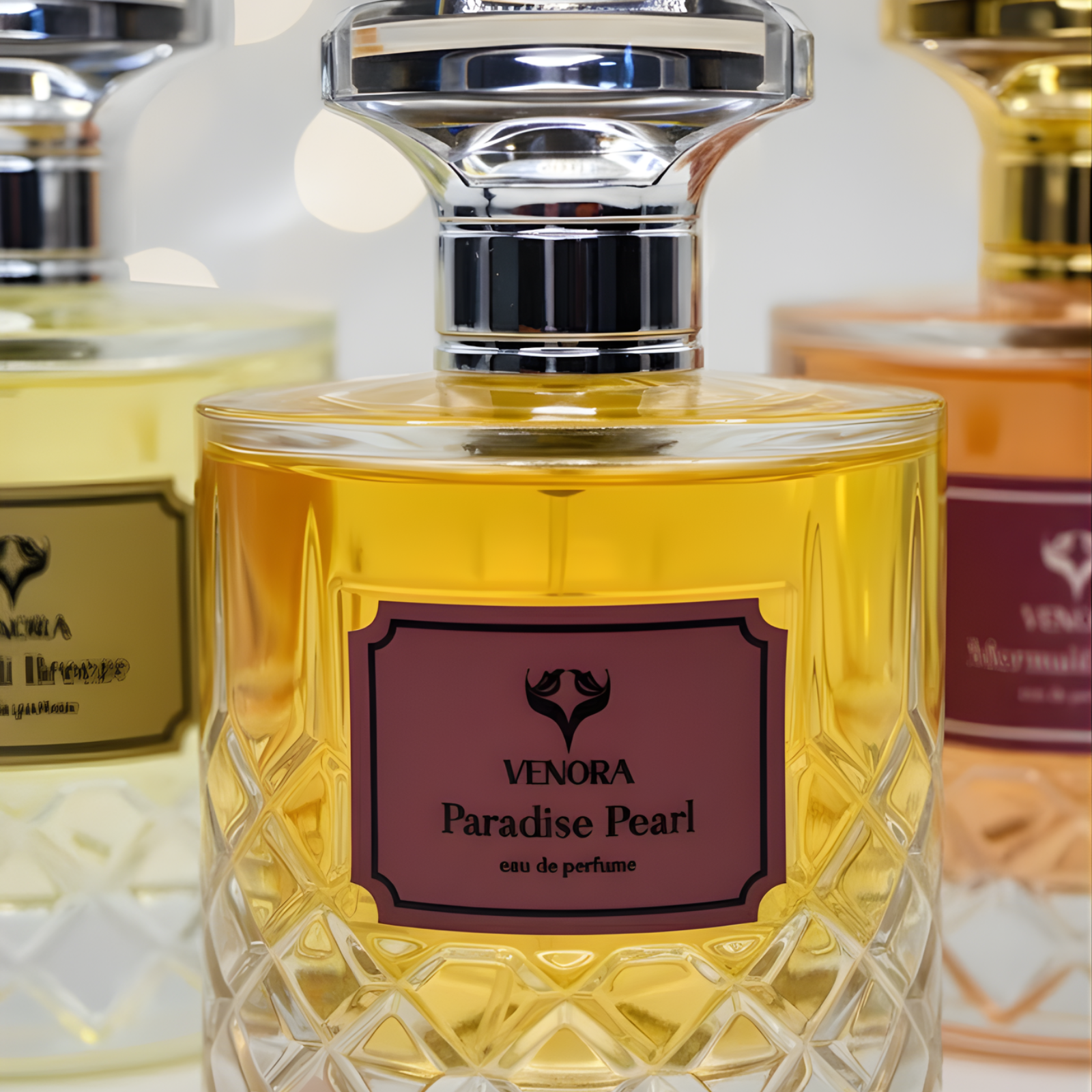 Macro close-up of perfume bottles showing label texture, glass reflections, and cap detailing for Mermaid Mist, Paradise Pearl, and Bondi Breeze. Luxury lighting, shallow depth of field.
