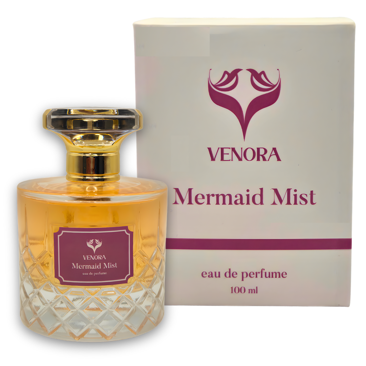 Close-up of Mermaid Mist perfume bottle showing glass texture, label detail, and warm reflections.”