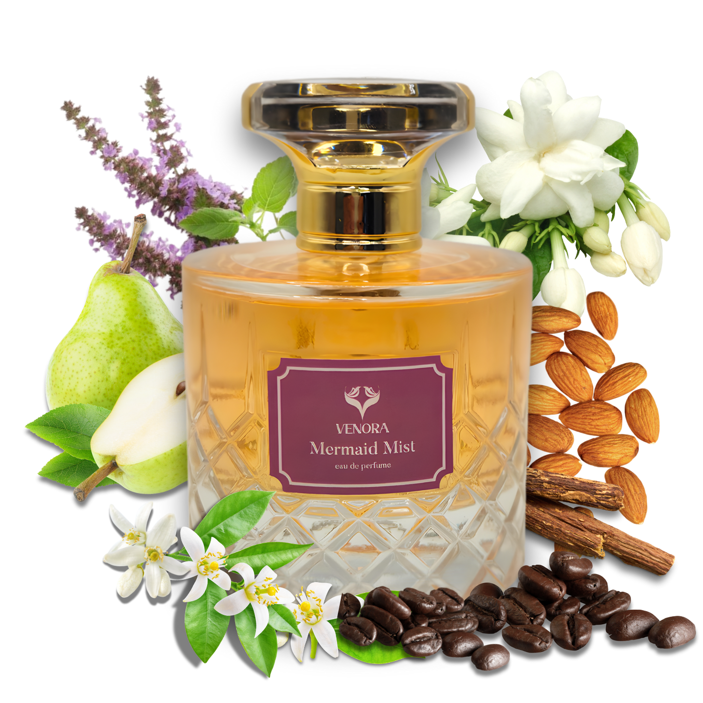 Mermaid Mist perfume bottle styled with pear, vanilla, coffee, and white floral elements representing its fragrance notes.